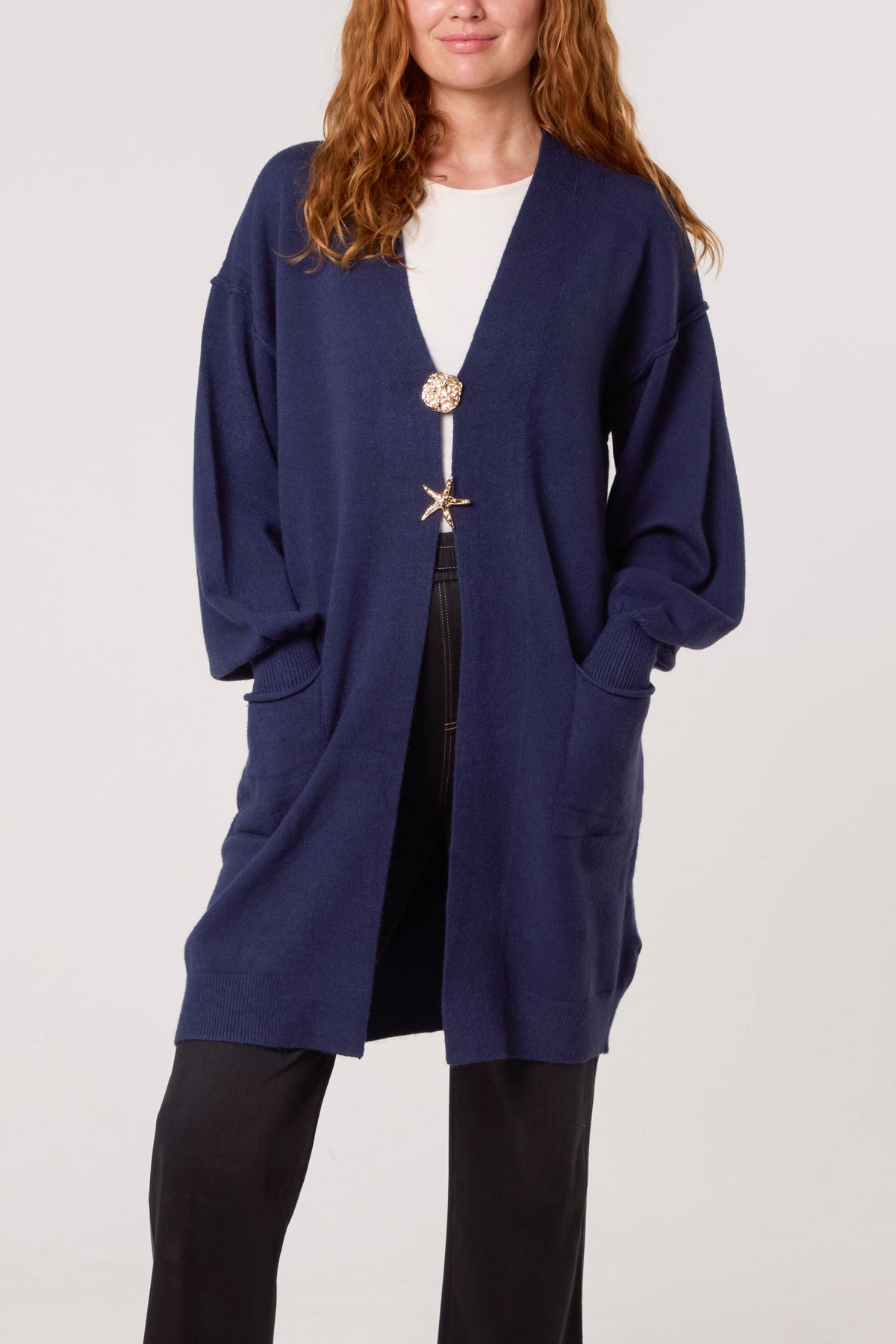Longline Broch Detail Pockets Cardigan