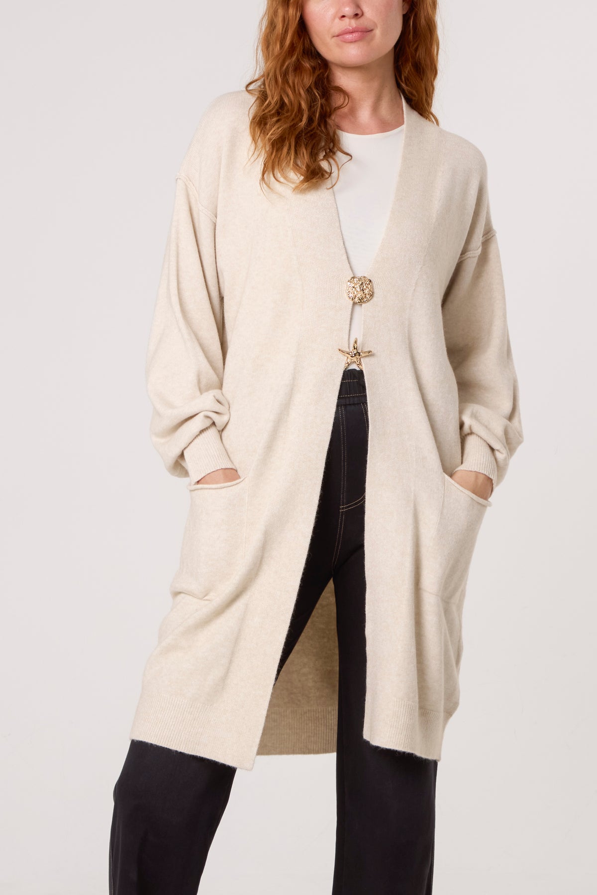 Longline Broch Detail Pockets Cardigan