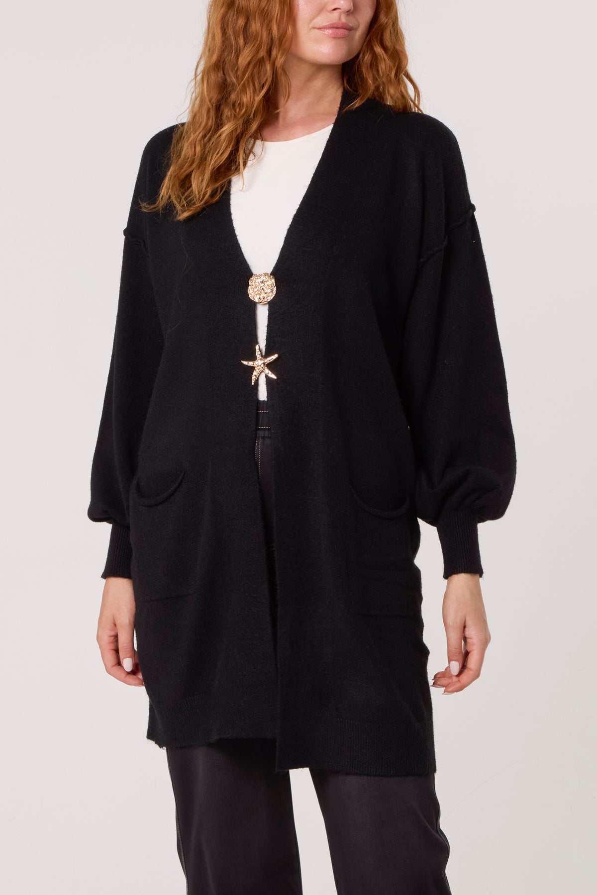 Longline Broch Detail Pockets Cardigan