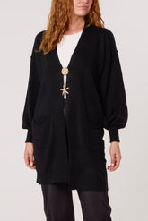 Longline Broch Detail Pockets Cardigan
