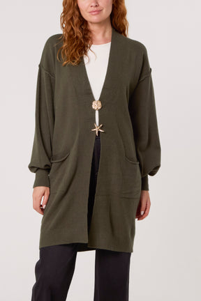 Longline Broch Detail Pockets Cardigan