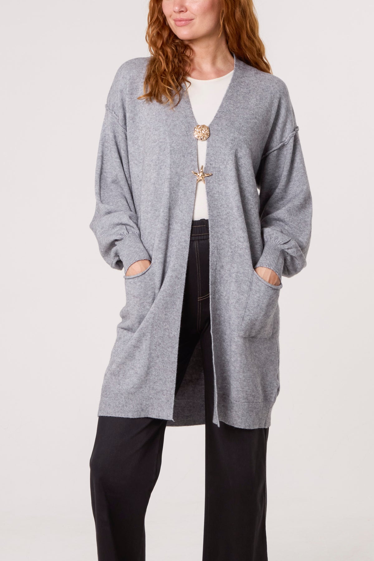 Longline Broch Detail Pockets Cardigan