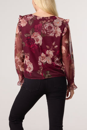 Roses Print Frill Sleeve Mesh Blouse