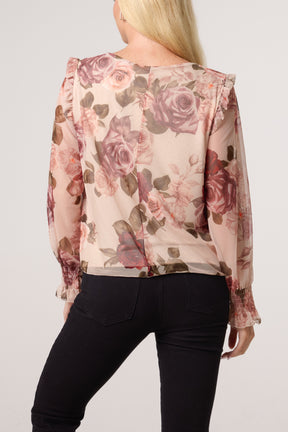 Roses Print Frill Sleeve Mesh Blouse