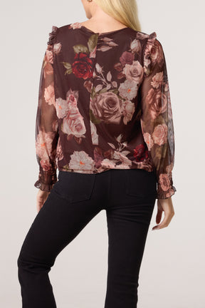 Roses Print Frill Sleeve Mesh Blouse
