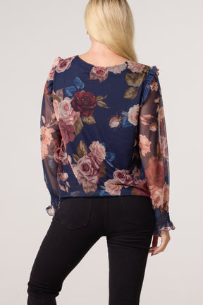 Roses Print Frill Sleeve Mesh Blouse