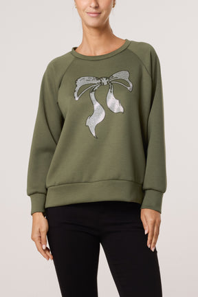 Diamante Bow Round Neck Sweatshirt