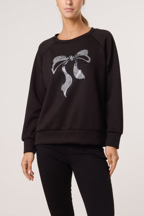 Diamante Bow Round Neck Sweatshirt