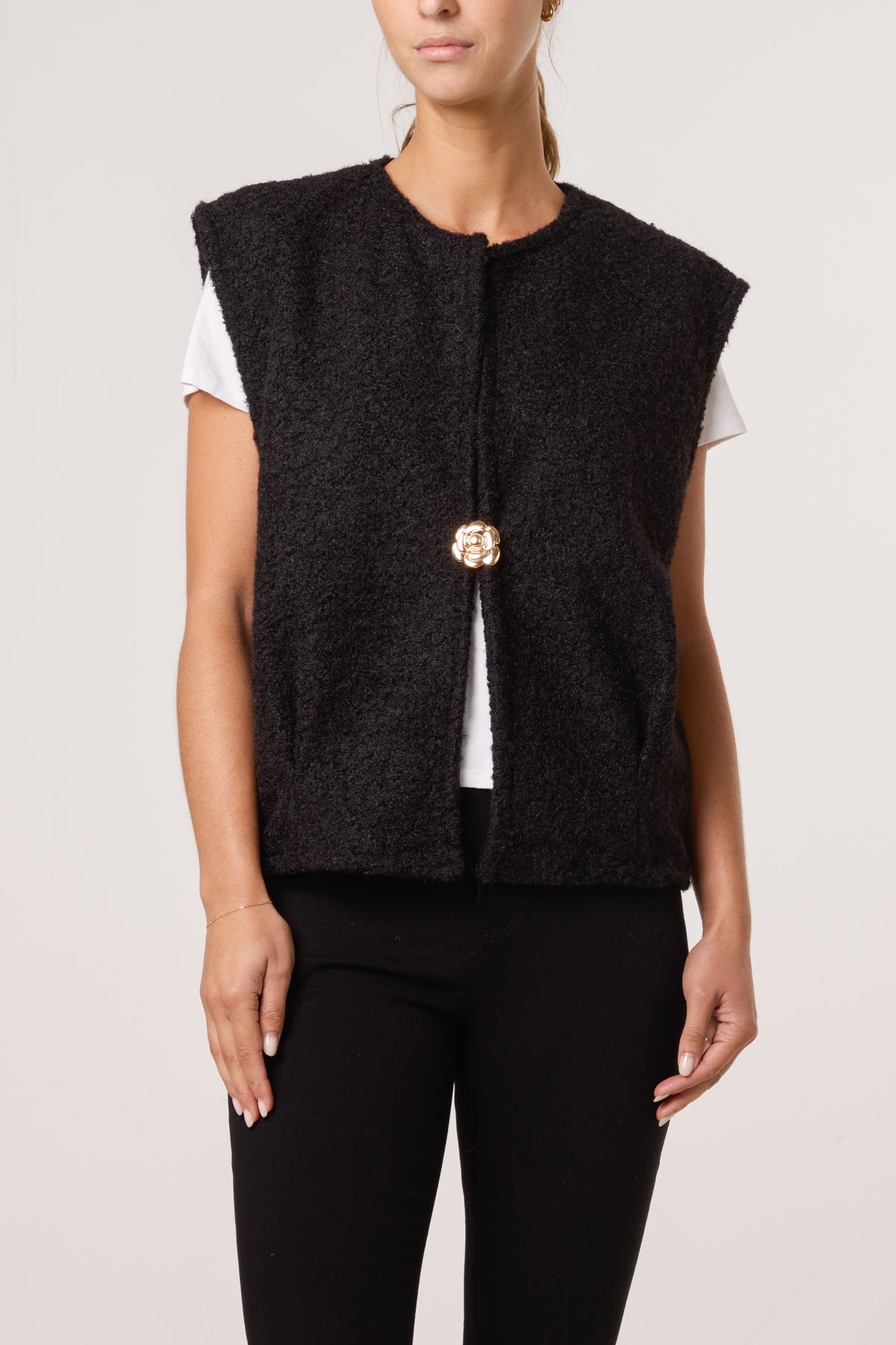 Gold Brooch Wool Blend Vest