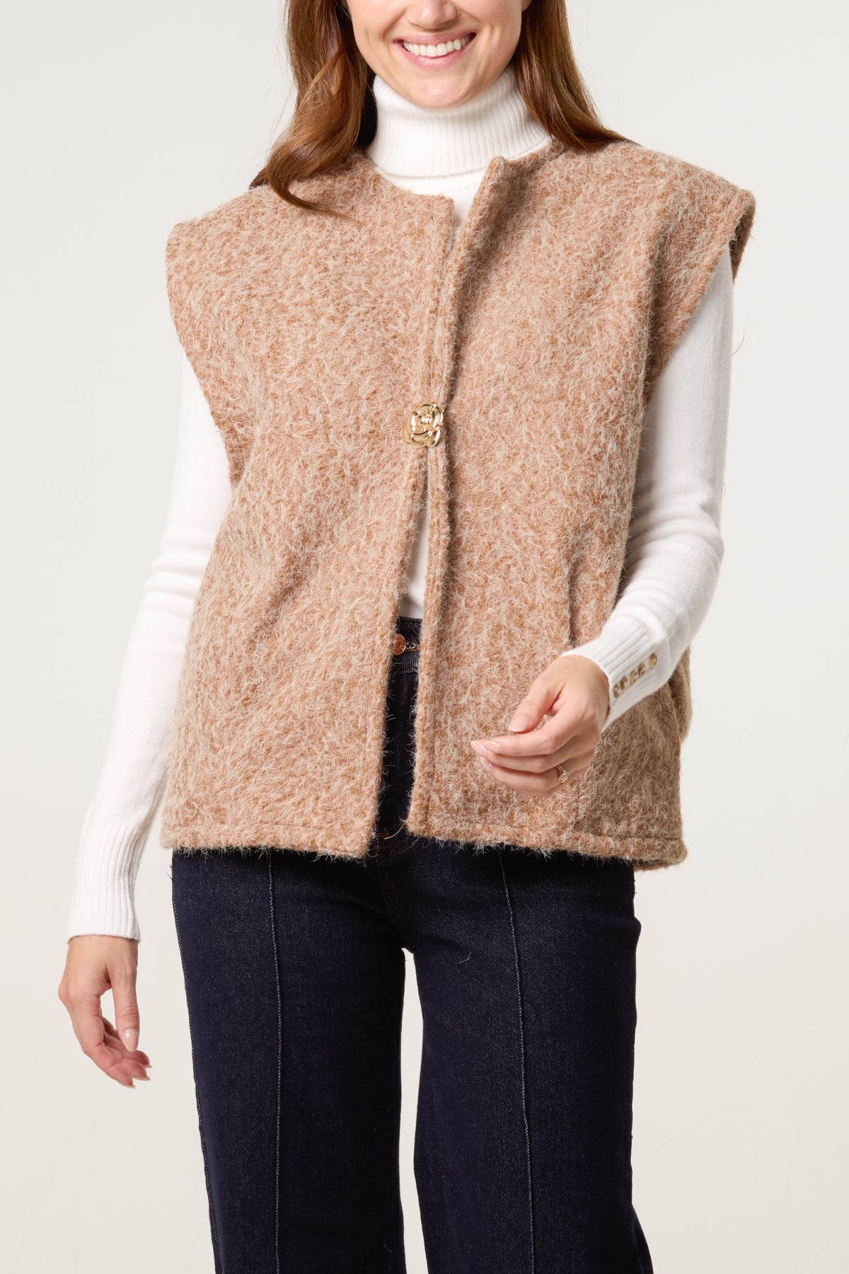 Gold Brooch Wool Blend Vest