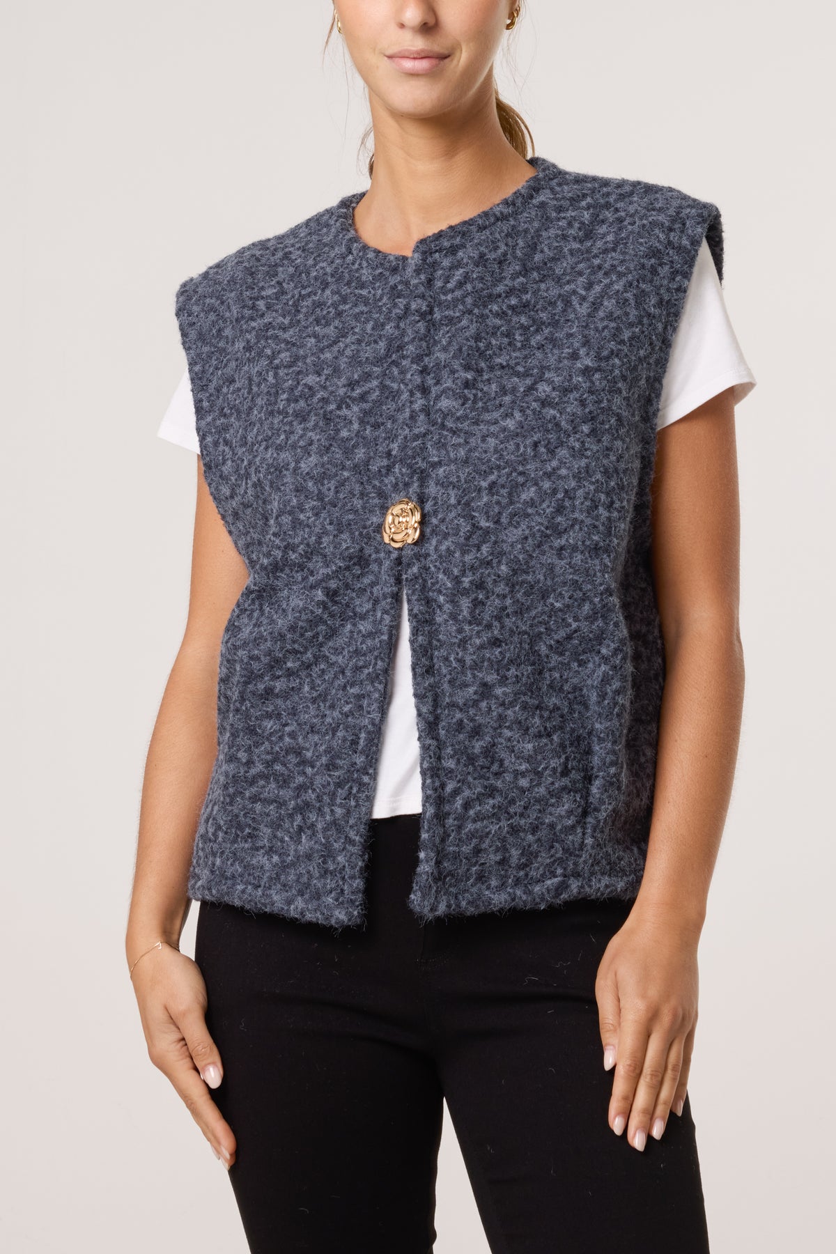 Gold Brooch Wool Blend Vest