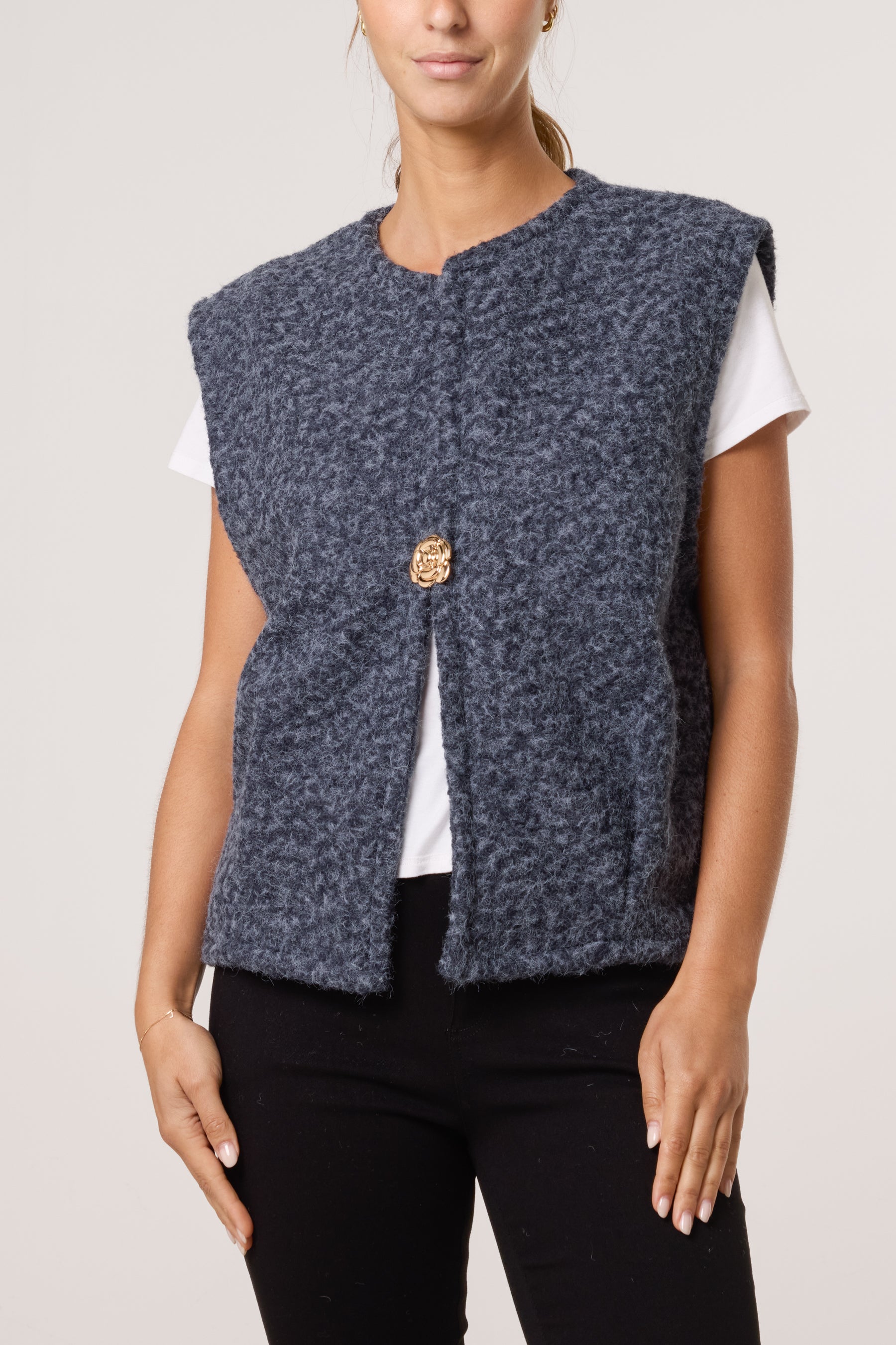 Gold Brooch Wool Blend Vest