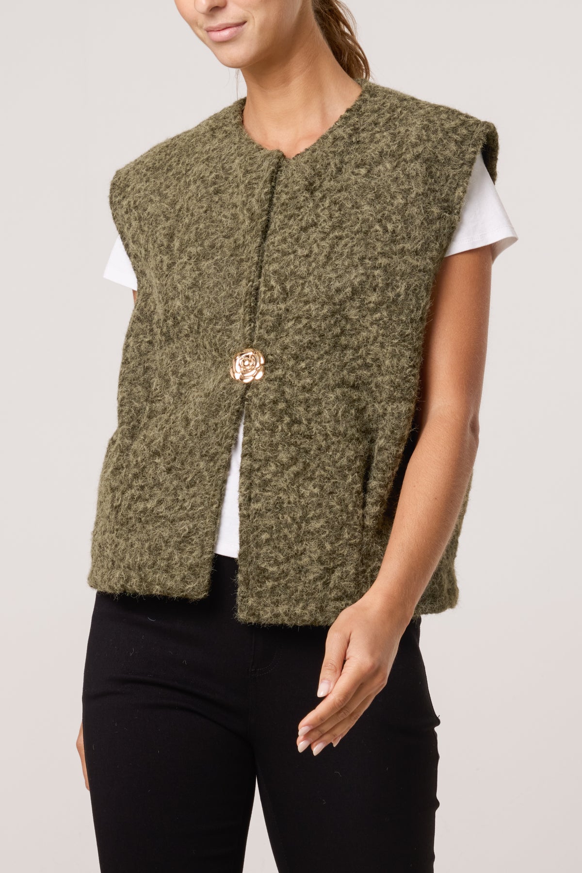 Gold Brooch Wool Blend Vest