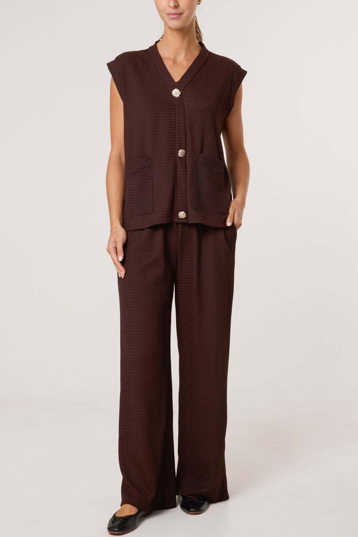 Front Button Top & Wide Leg Trousers Set