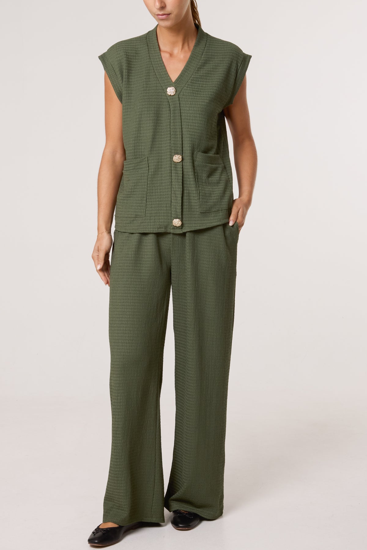 Front Button Top & Wide Leg Trousers Set
