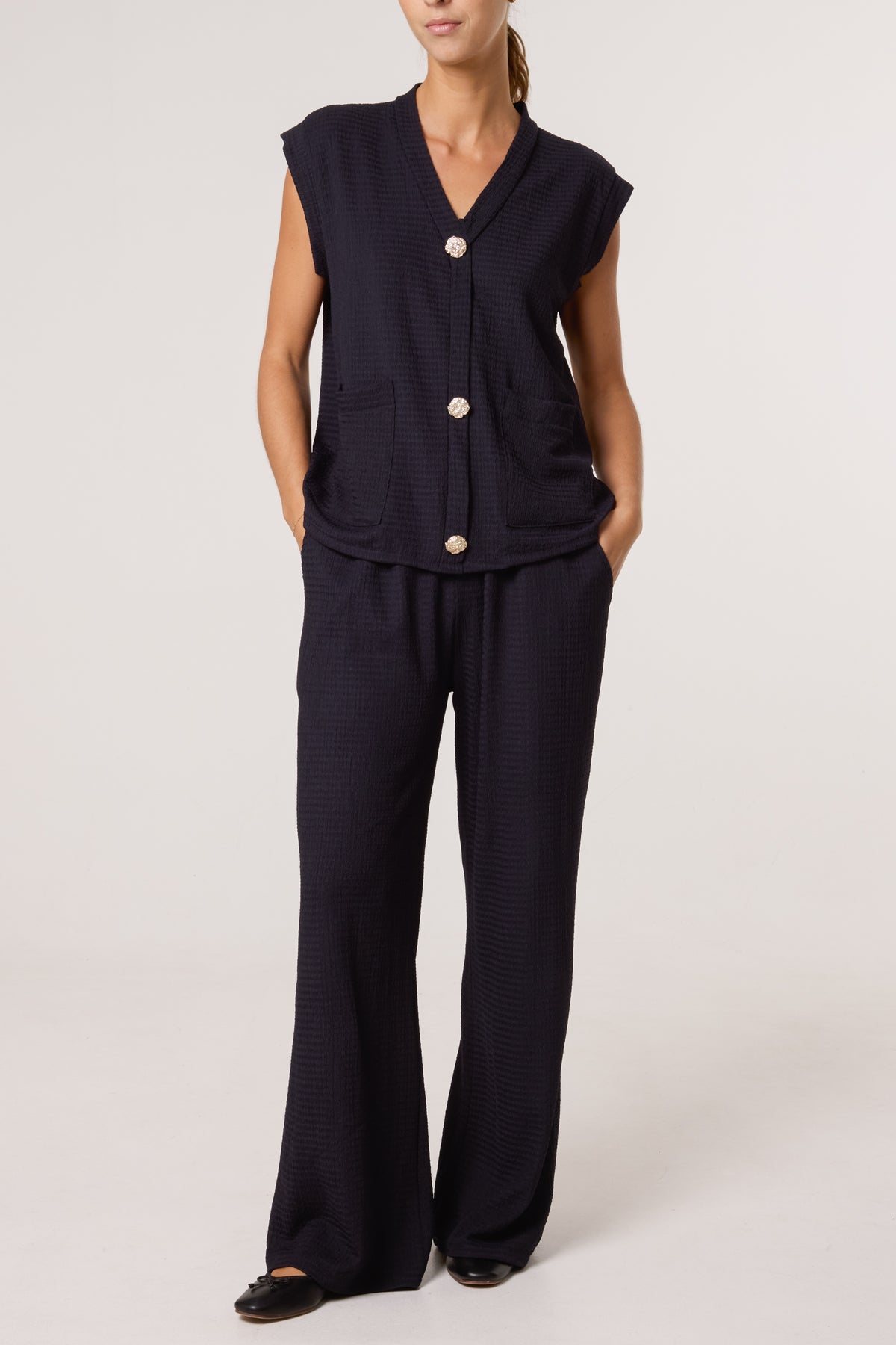 Front Button Top & Wide Leg Trousers Set