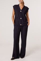 Front Button Top & Wide Leg Trousers Set