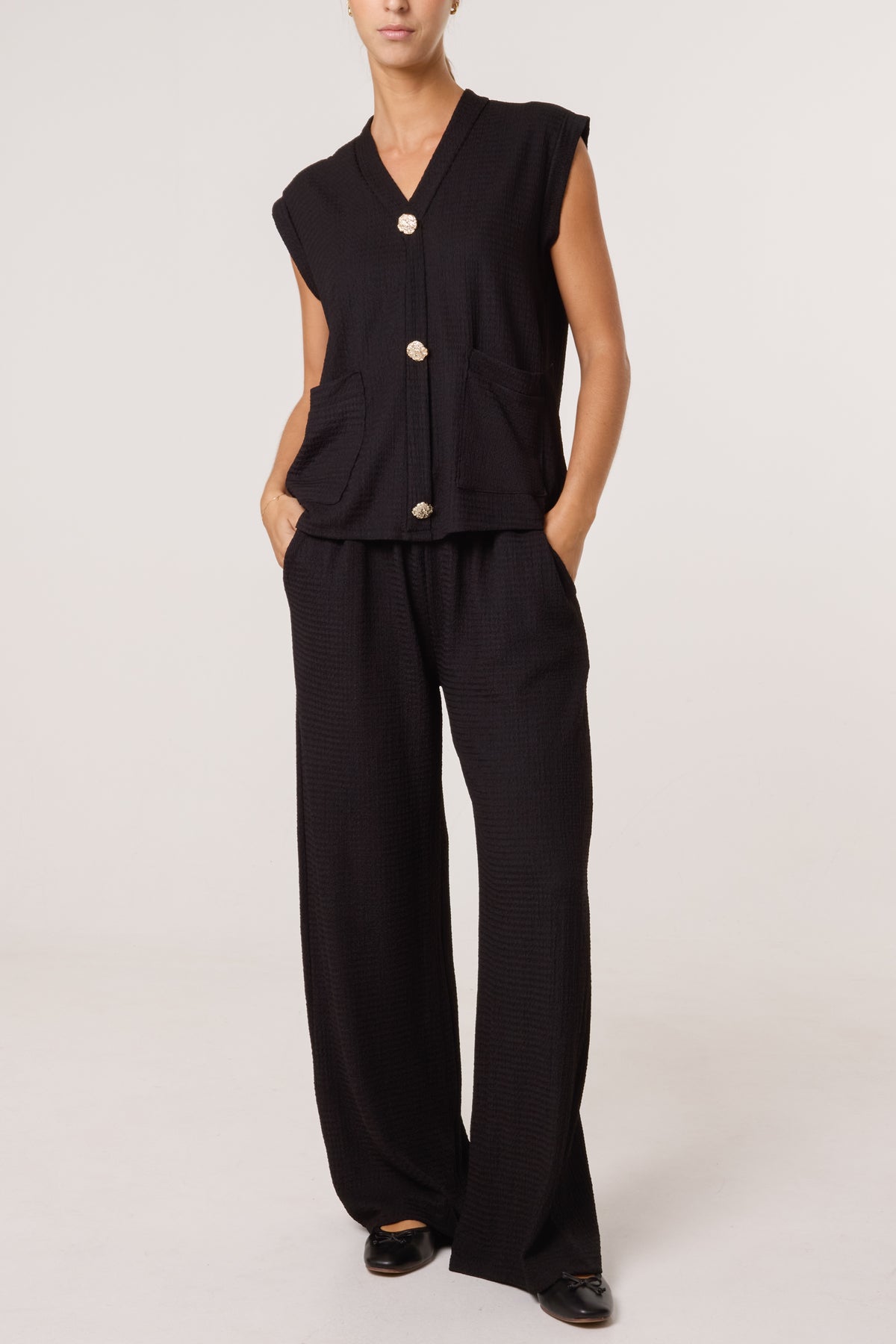 Front Button Top & Wide Leg Trousers Set