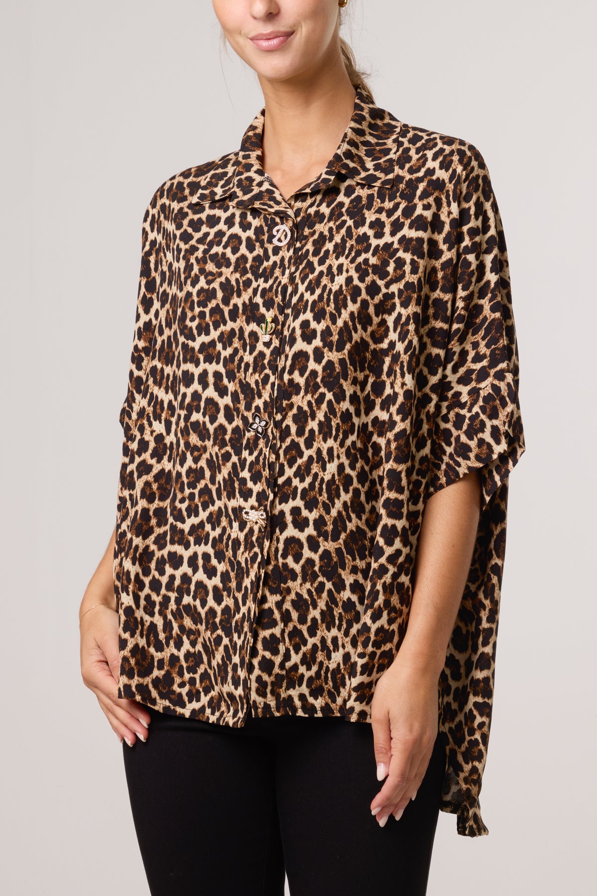 Brooch Detail Leopard Print Shirt