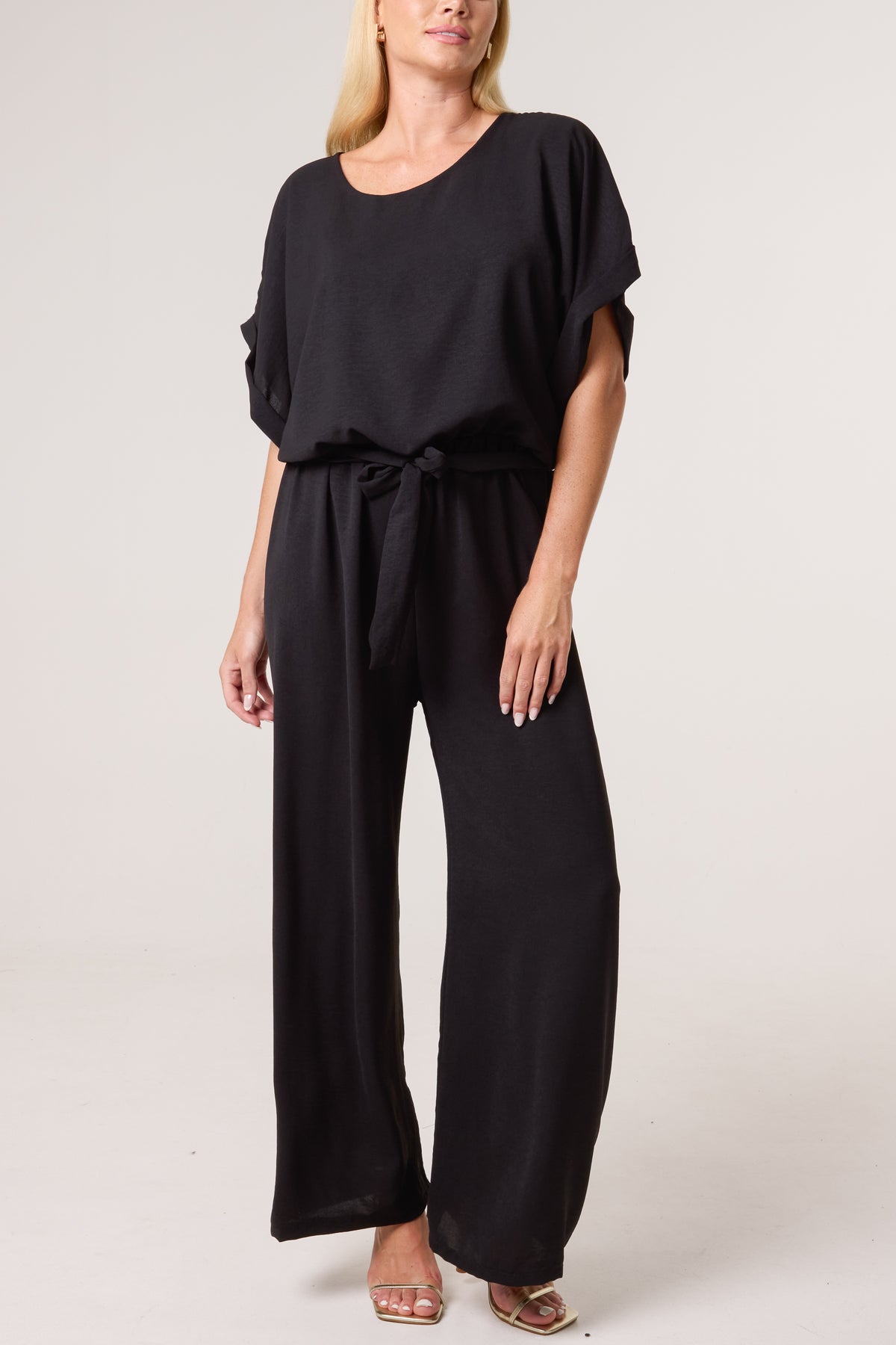 Scoop Neck Wide Leg Belted Jumpsuit