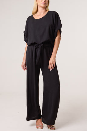 Scoop Neck Wide Leg Belted Jumpsuit