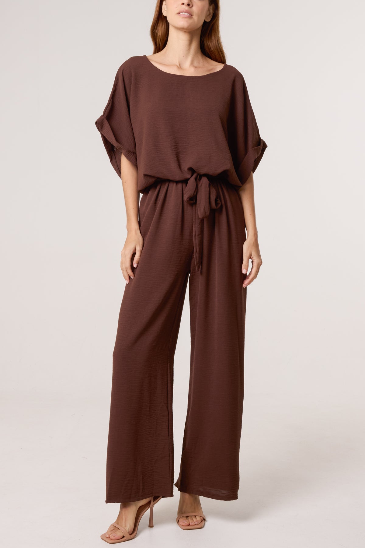 Scoop Neck Wide Leg Belted Jumpsuit