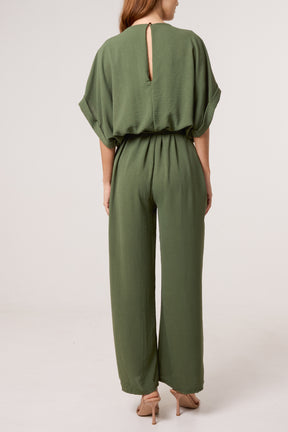 Scoop Neck Wide Leg Belted Jumpsuit