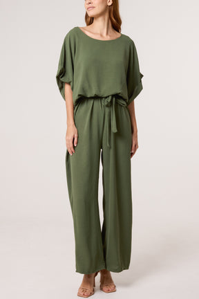 Scoop Neck Wide Leg Belted Jumpsuit
