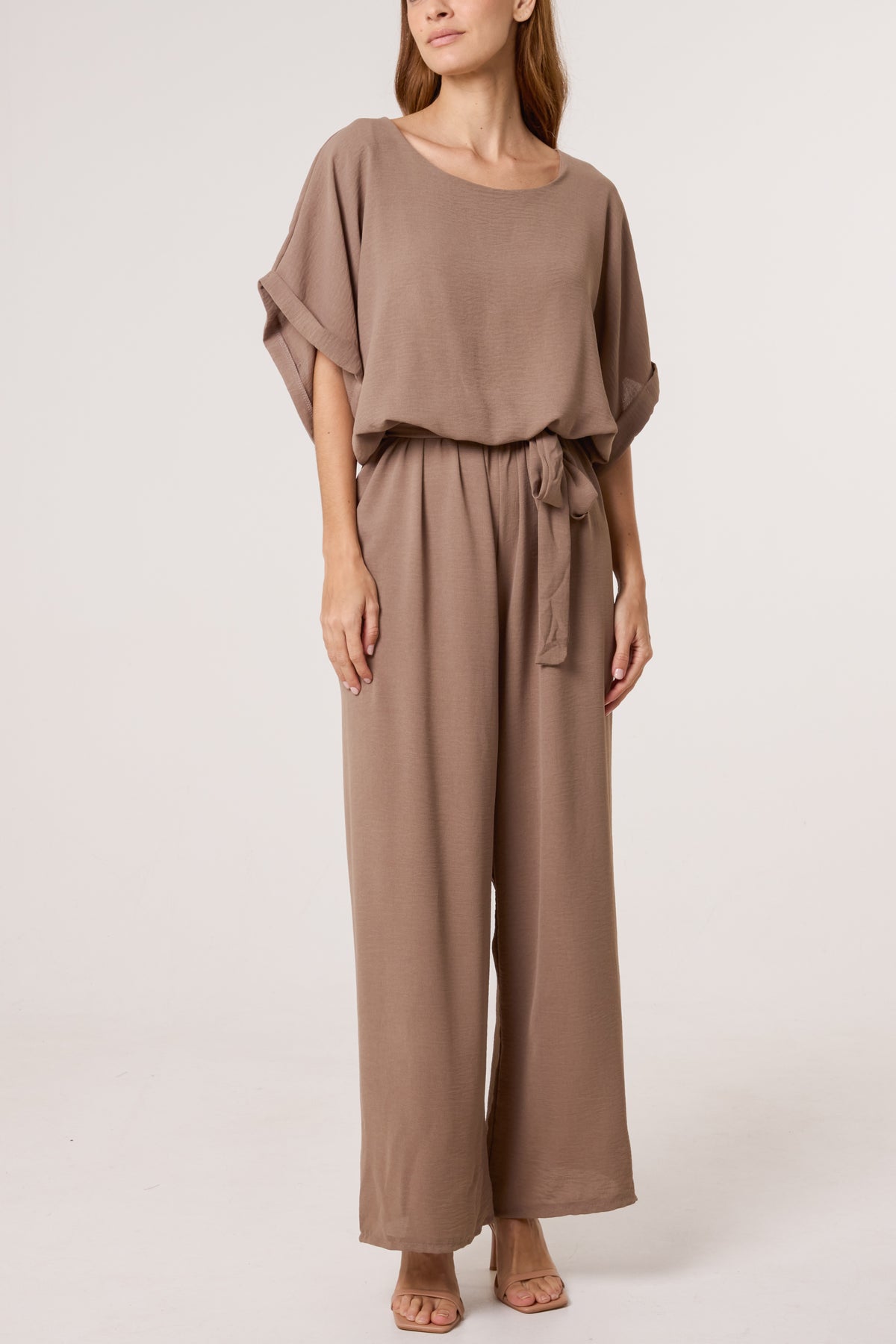 Scoop Neck Wide Leg Belted Jumpsuit