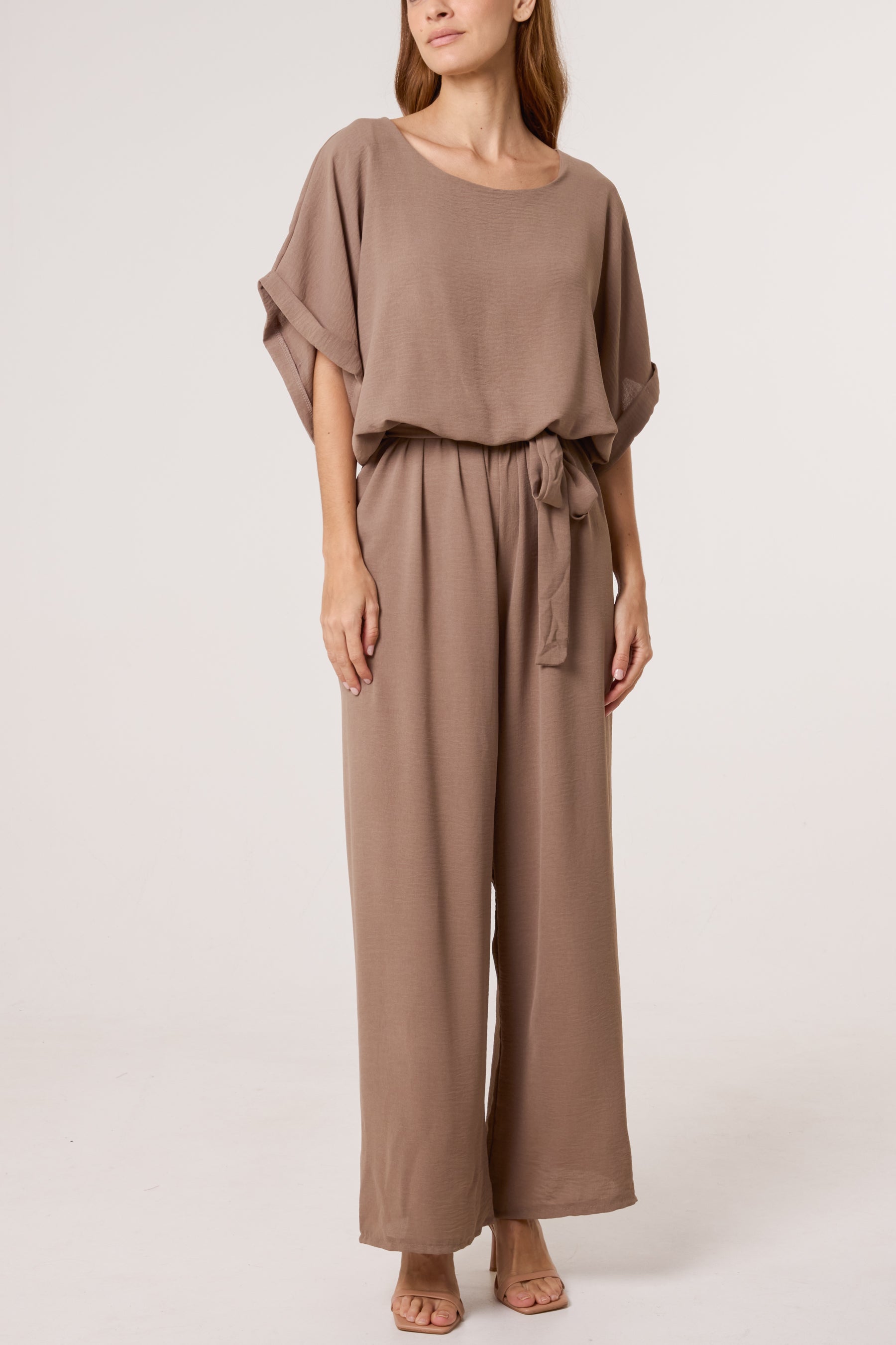 Scoop Neck Wide Leg Belted Jumpsuit