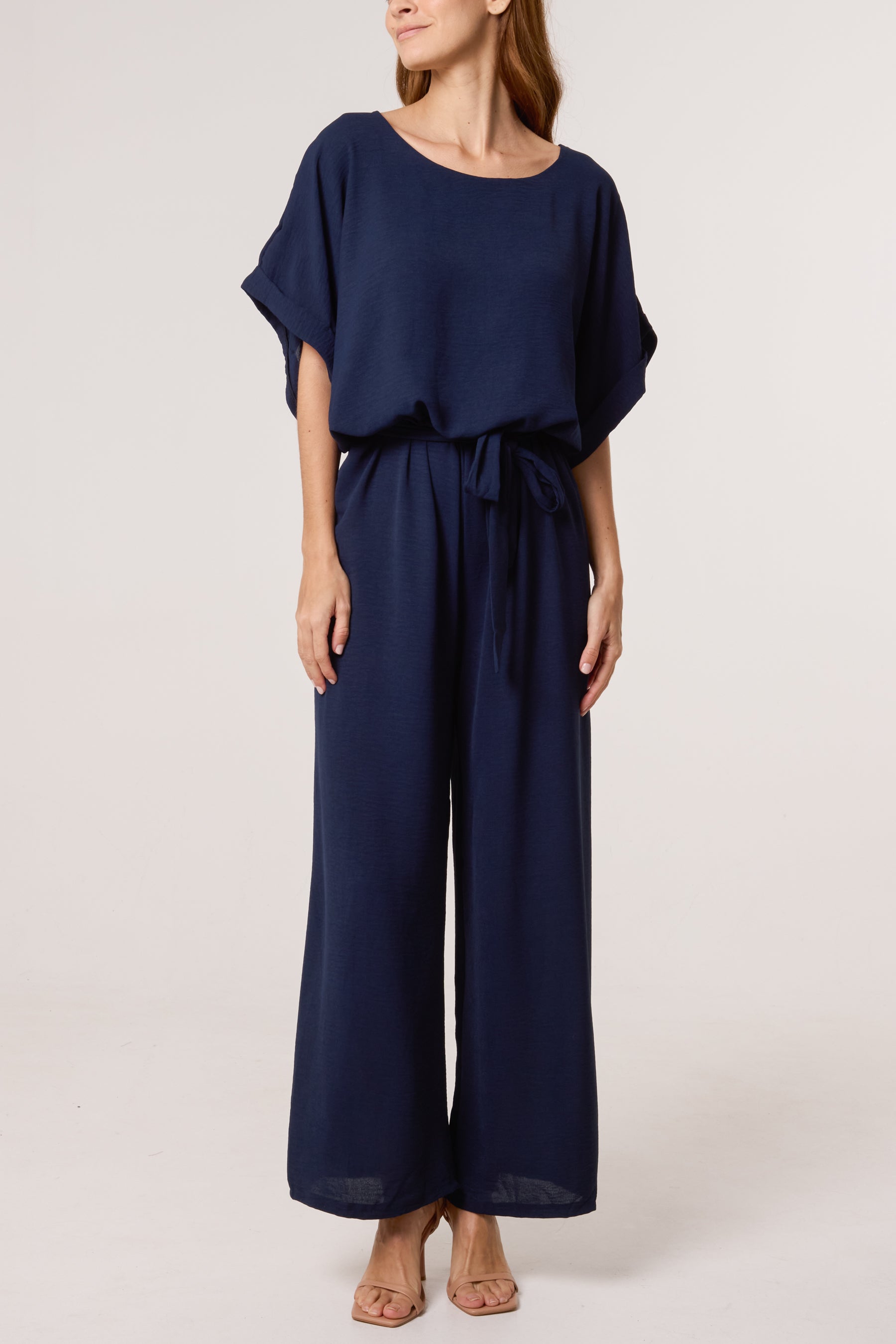 Scoop Neck Wide Leg Belted Jumpsuit