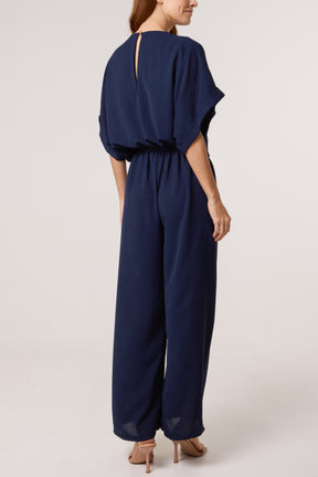 Scoop Neck Wide Leg Belted Jumpsuit