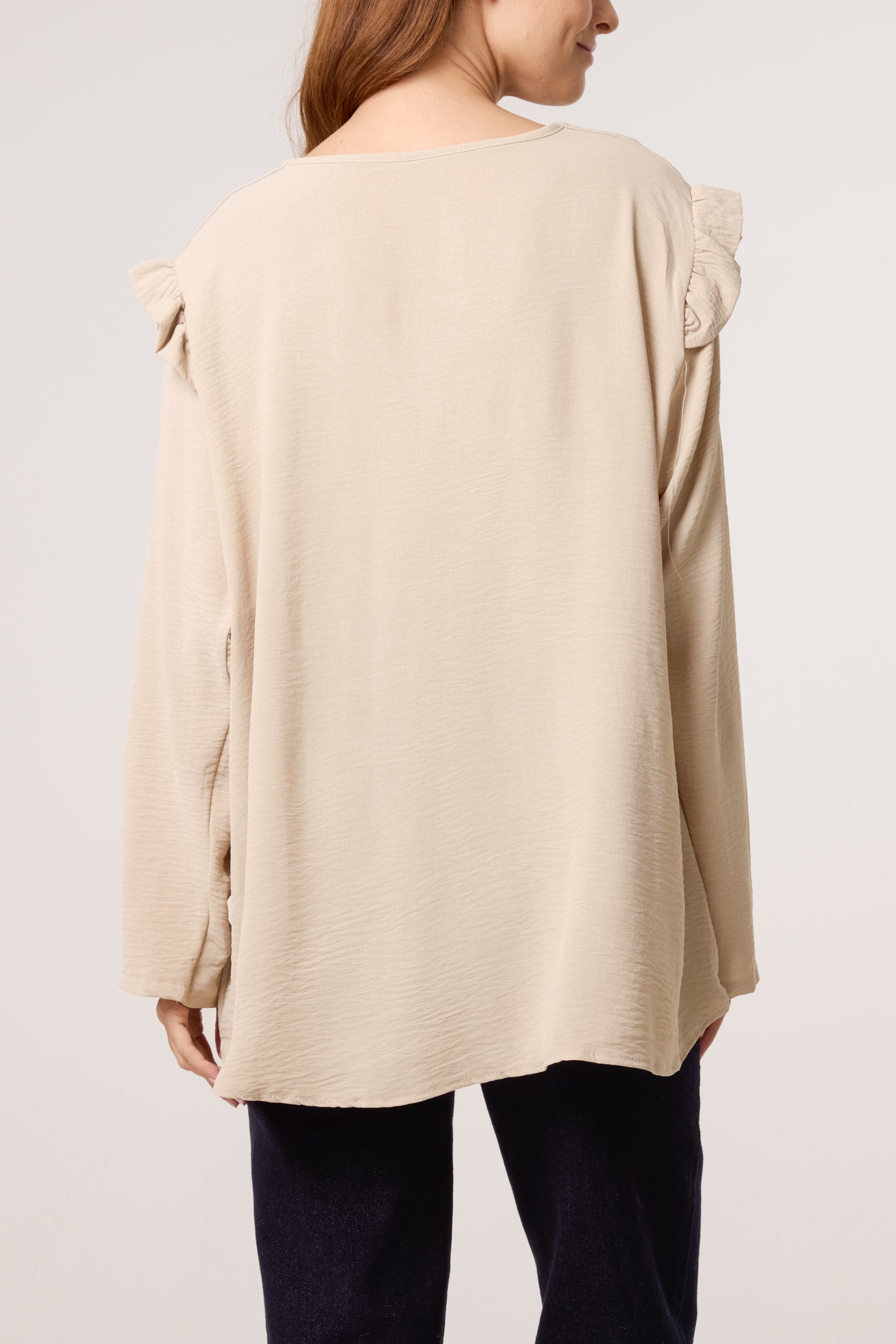 V-Neck Gold Brooch Frill Sleeve Blouse