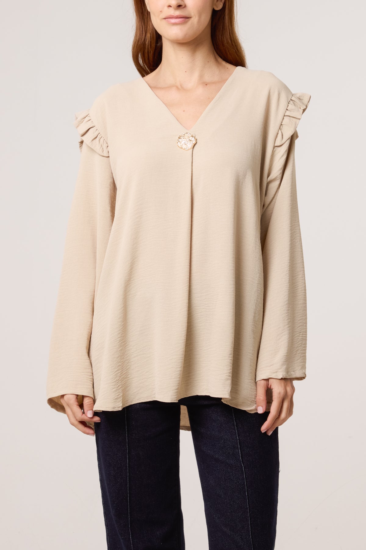 V-Neck Gold Brooch Frill Sleeve Blouse