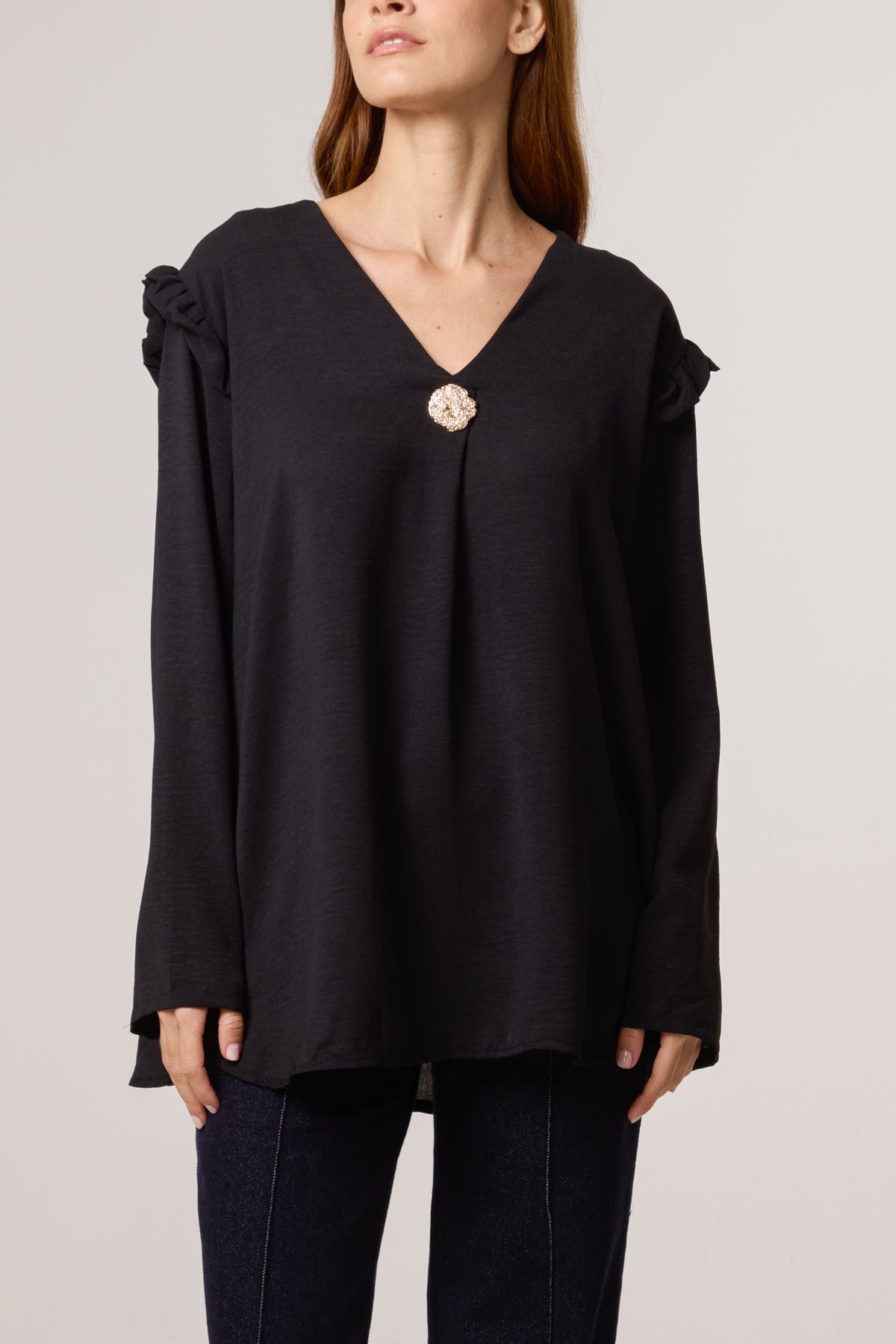 V-Neck Gold Brooch Frill Sleeve Blouse