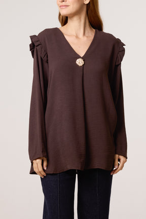 V-Neck Gold Brooch Frill Sleeve Blouse