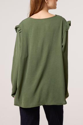 V-Neck Gold Brooch Frill Sleeve Blouse