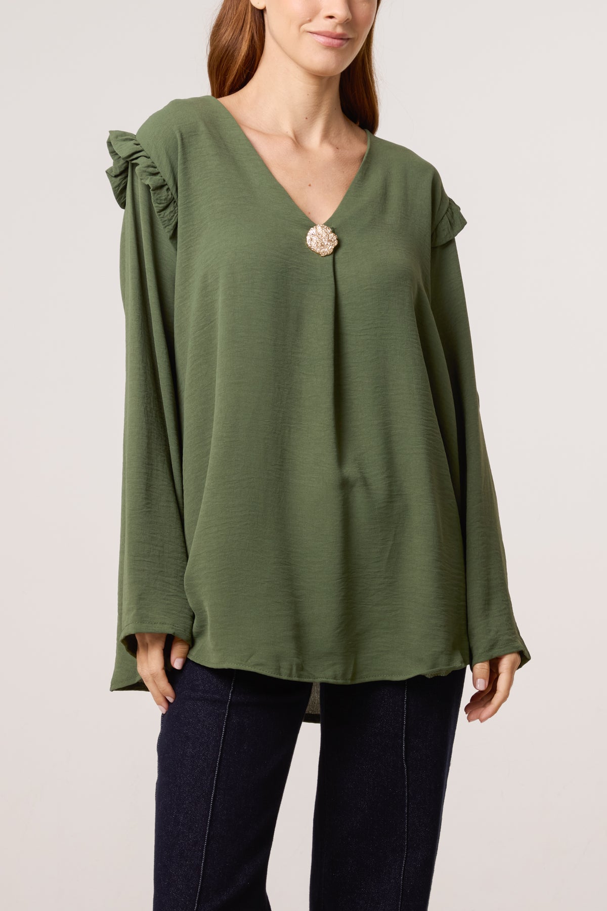 V-Neck Gold Brooch Frill Sleeve Blouse