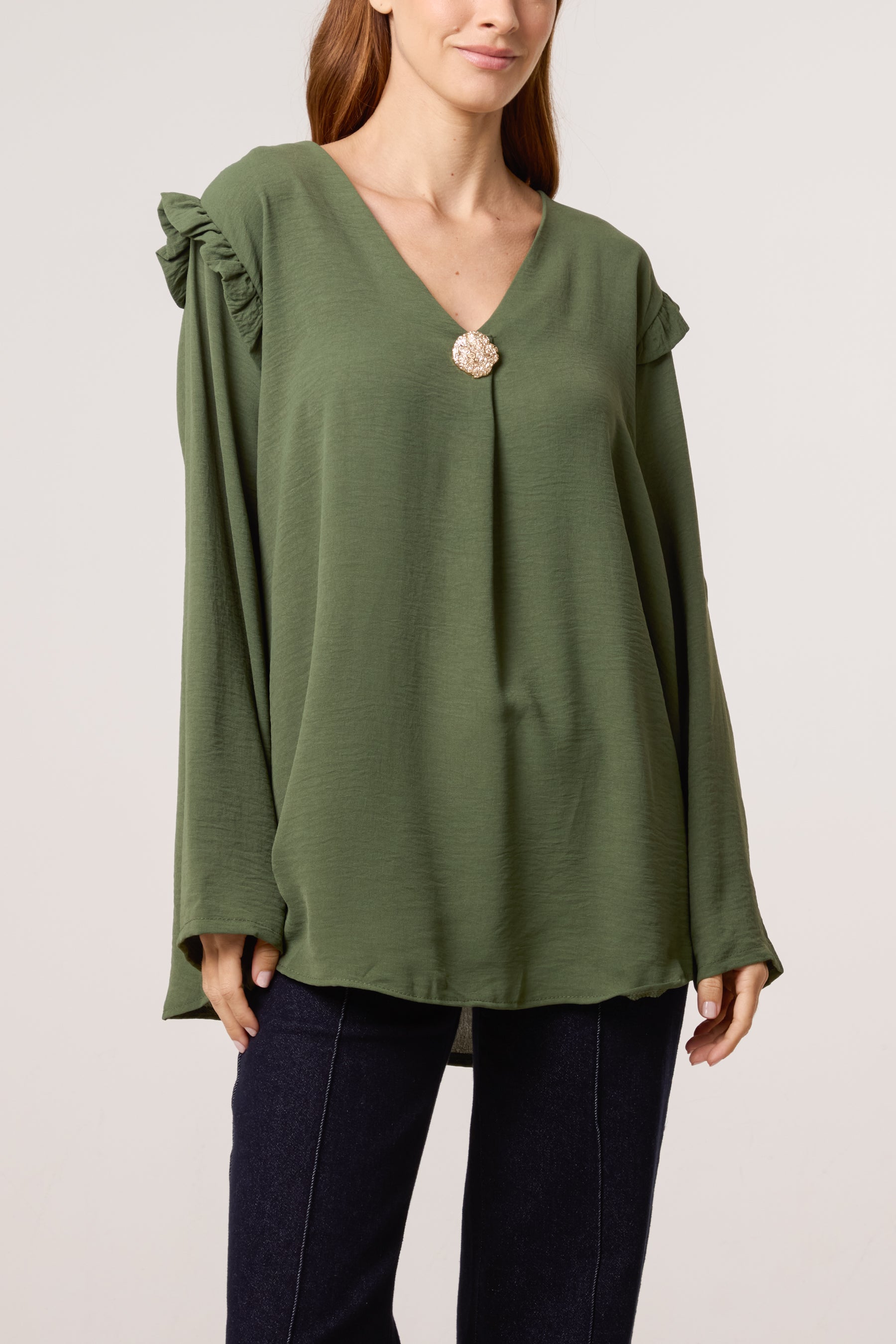V-Neck Gold Brooch Frill Sleeve Blouse