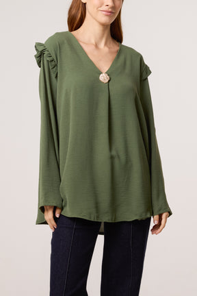 V-Neck Gold Brooch Frill Sleeve Blouse