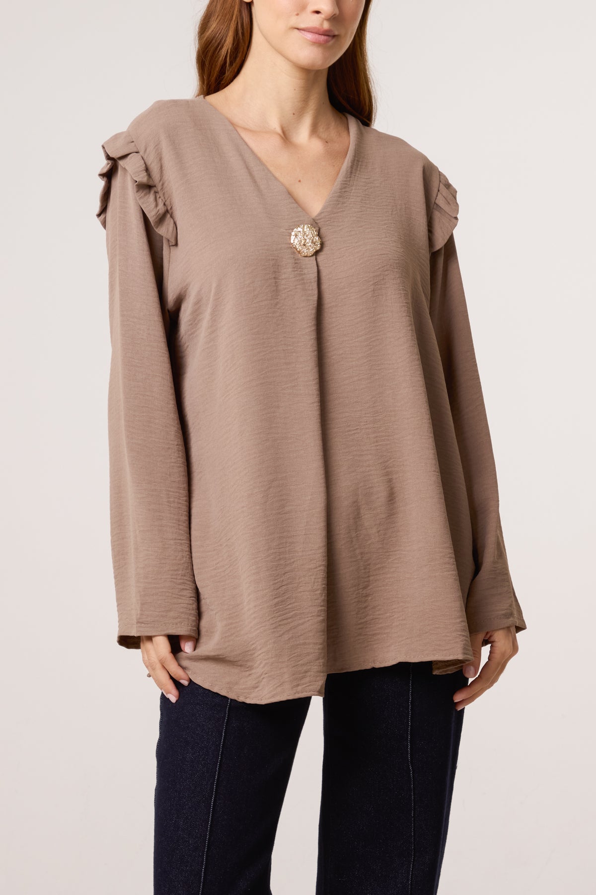 V-Neck Gold Brooch Frill Sleeve Blouse