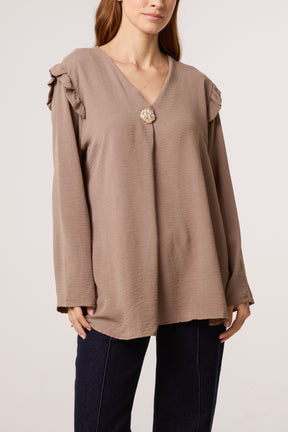 V-Neck Gold Brooch Frill Sleeve Blouse