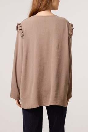 V-Neck Gold Brooch Frill Sleeve Blouse