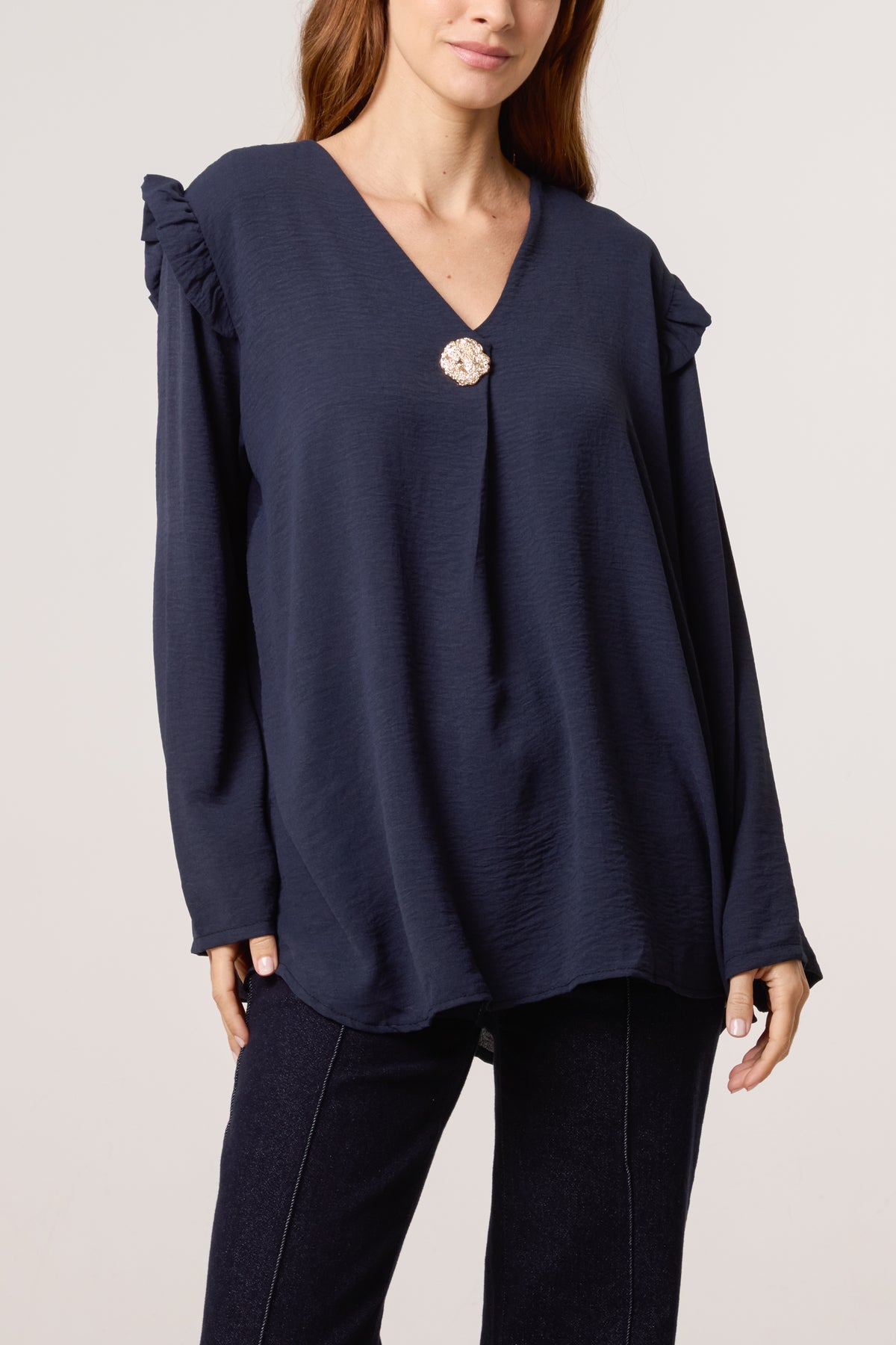 V-Neck Gold Brooch Frill Sleeve Blouse