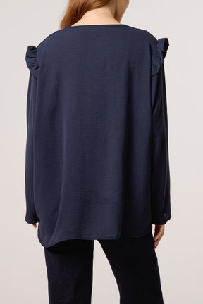 V-Neck Gold Brooch Frill Sleeve Blouse