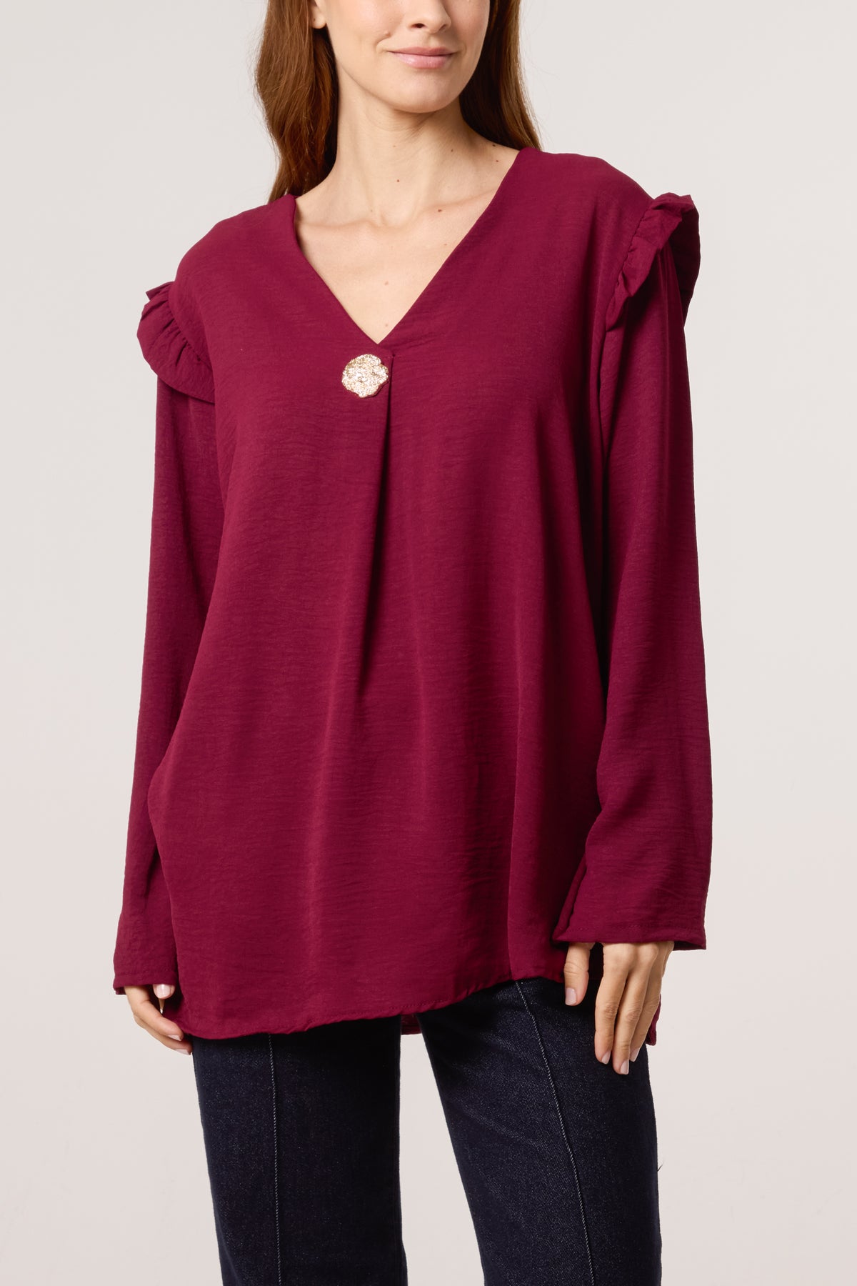 V-Neck Gold Brooch Frill Sleeve Blouse