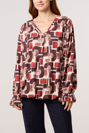 Geometric Bubble Hem Jersey Blouse