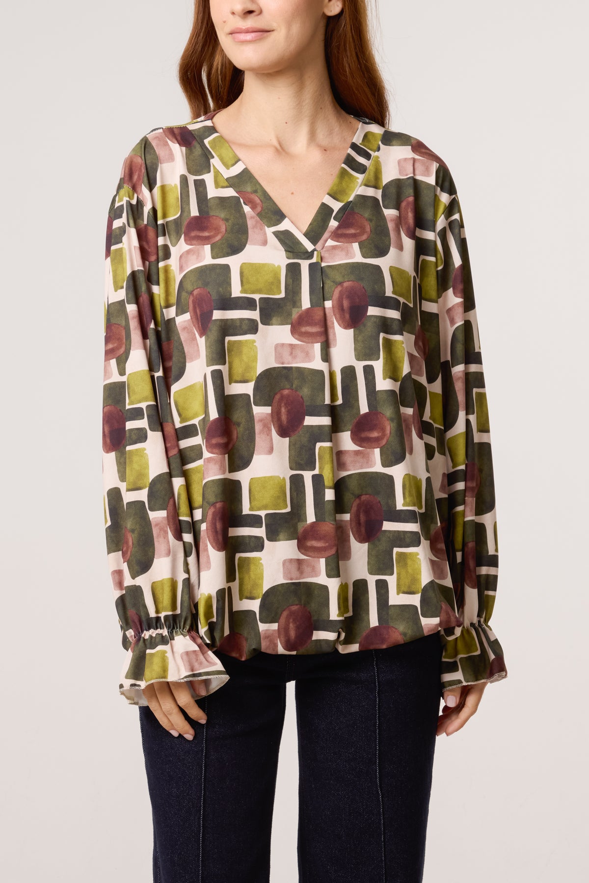 Geometric Bubble Hem Jersey Blouse