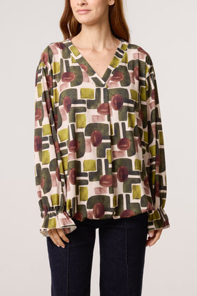 Geometric Bubble Hem Jersey Blouse