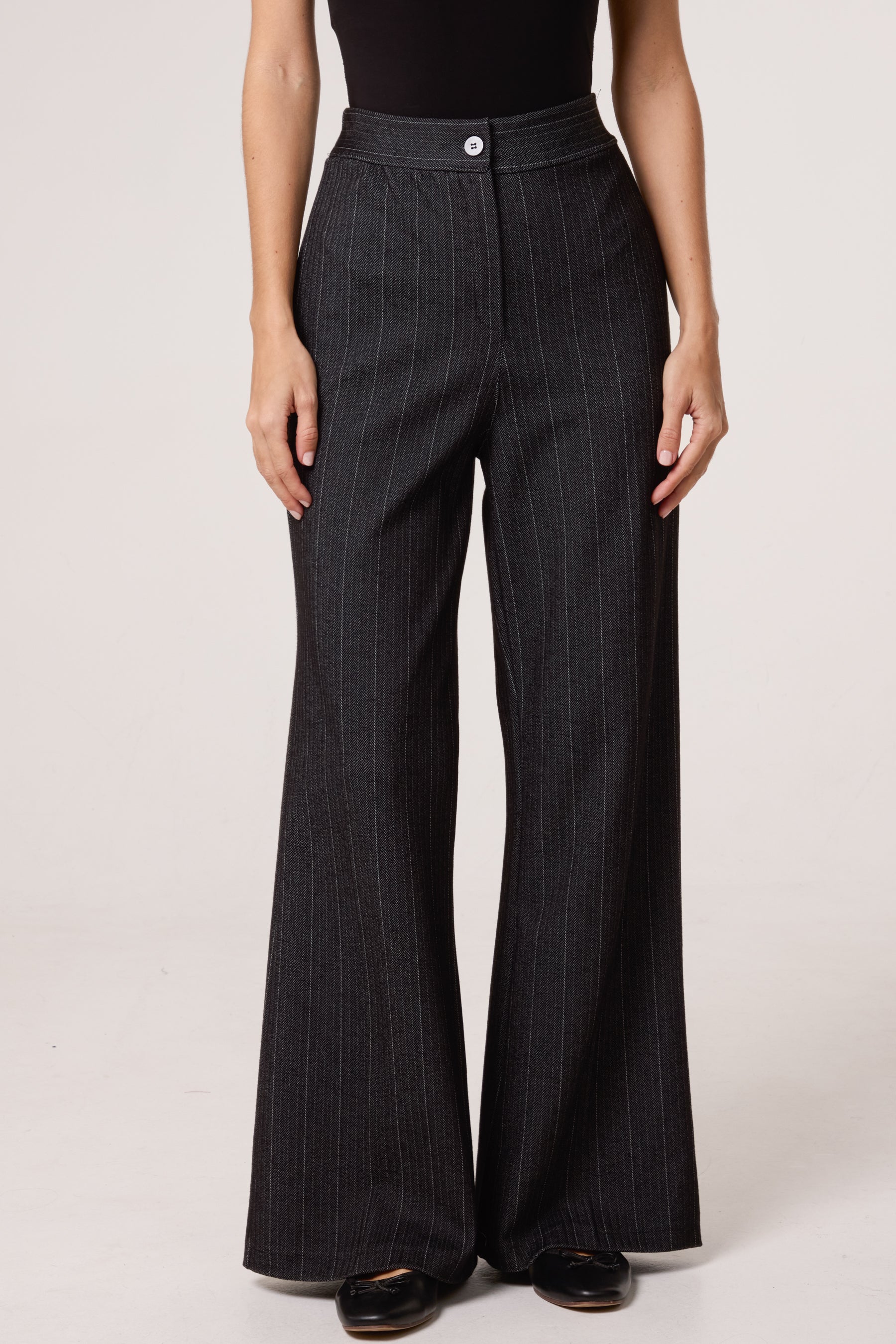 Wool Like Pinstripe Wide Leg Trousers